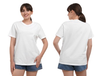 Image of Woman in white t-shirt on white background. Back and front view. Mockup for design
