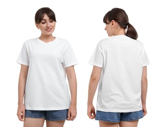 Image of Woman in white t-shirt on white background. Back and front view. Mockup for design