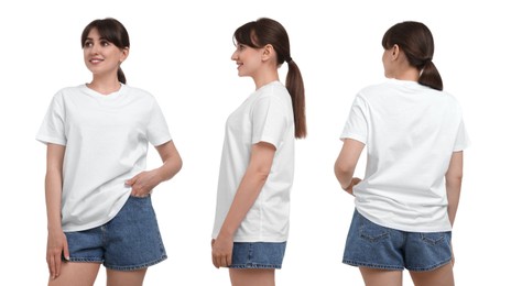 Image of Woman in white t-shirt on white background. Back, side and front view. Mockup for design