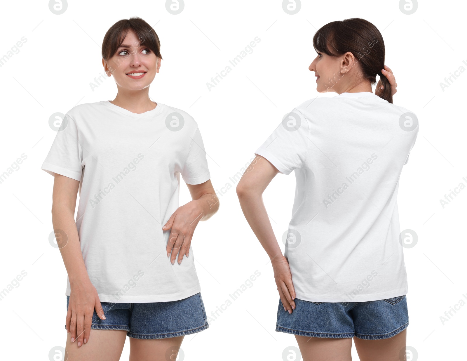 Woman in white t-shirt on white background. Back and front view. Mockup for design Image of Woman in white t-shirt on white background. Back and front view. Mockup for design
