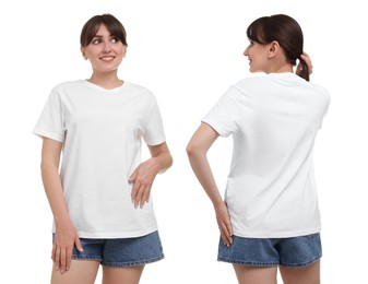 Image of Woman in white t-shirt on white background. Back and front view. Mockup for design