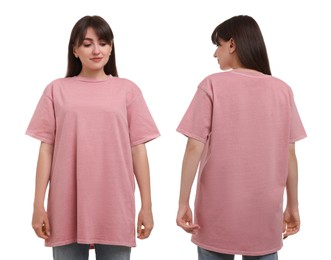 Image of Woman in pink t-shirt on white background. Back and front view. Mockup for design