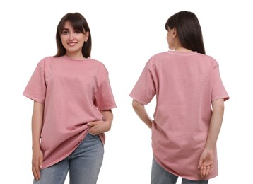 Image of Woman in pink t-shirt on white background. Back and front view. Mockup for design