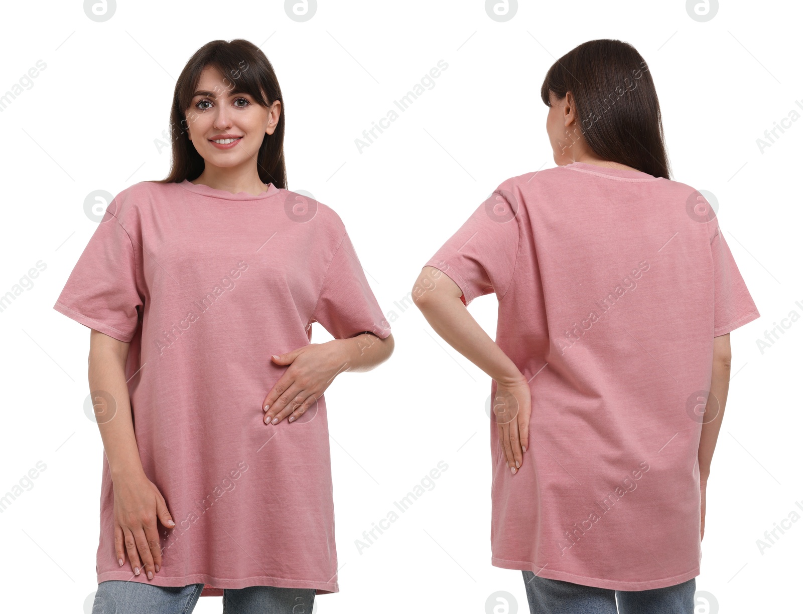 Woman in pink t-shirt on white background. Back and front view. Mockup for design Image of Woman in pink t-shirt on white background. Back and front view. Mockup for design