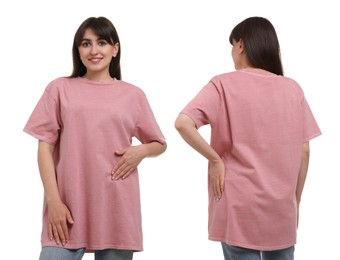 Image of Woman in pink t-shirt on white background. Back and front view. Mockup for design