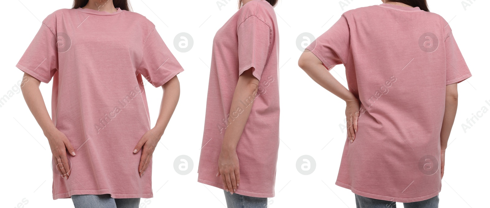 Woman in pink t-shirt on white background, closeup. Back, side and front view. Mockup for design Image of Woman in pink t-shirt on white background, closeup. Back, side and front view. Mockup for design