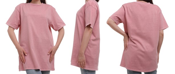 Image of Woman in pink t-shirt on white background, closeup. Back, side and front view. Mockup for design