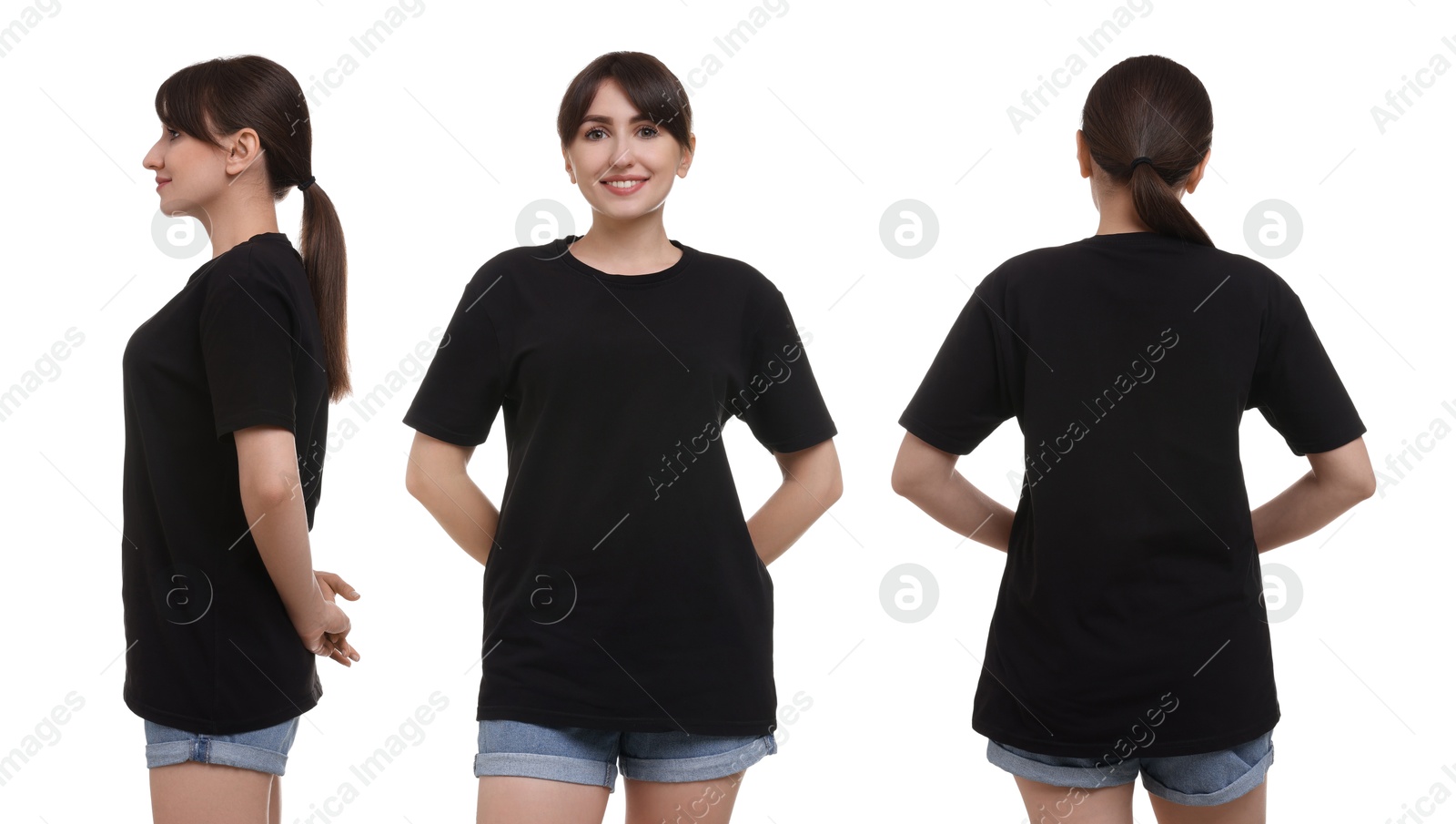 Woman in black t-shirt on white background. Back, side and front view. Mockup for design Image of Woman in black t-shirt on white background. Back, side and front view. Mockup for design
