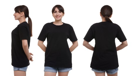 Image of Woman in black t-shirt on white background. Back, side and front view. Mockup for design