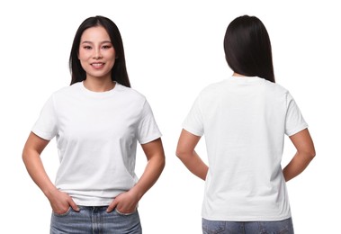 Image of Woman in white t-shirt on white background. Back and front view. Mockup for design