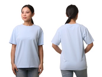 Image of Woman in light blue t-shirt on white background. Back and front view. Mockup for design