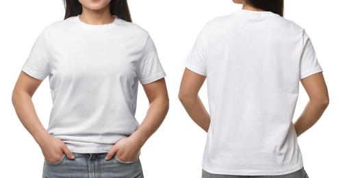 Image of Woman in white t-shirt on white background, closeup. Back and front view. Mockup for design