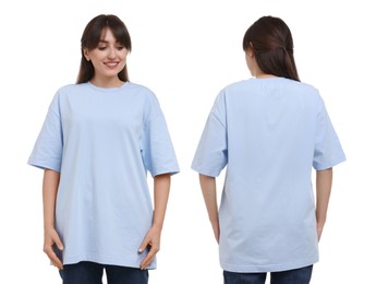 Image of Woman in light blue t-shirt on white background. Back and front view. Mockup for design