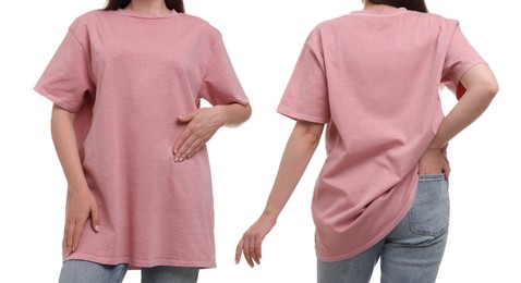 Image of Woman in pink t-shirt on white background, closeup. Back and front view. Mockup for design