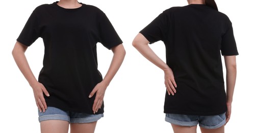 Image of Woman in black t-shirt on white background, closeup. Back and front view. Mockup for design