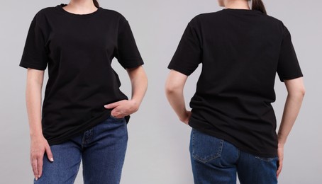 Image of Woman in black t-shirt on grey background, closeup. Back and front view. Mockup for design