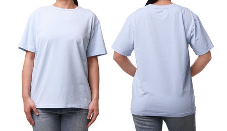 Image of Woman in light blue t-shirt on white background, closeup. Back and front view. Mockup for design
