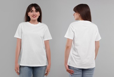 Image of Woman in white t-shirt on grey background. Back and front view. Mockup for design