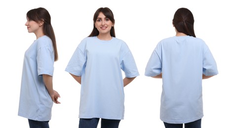 Image of Woman in light blue t-shirt on white background. Back, side and front view. Mockup for design