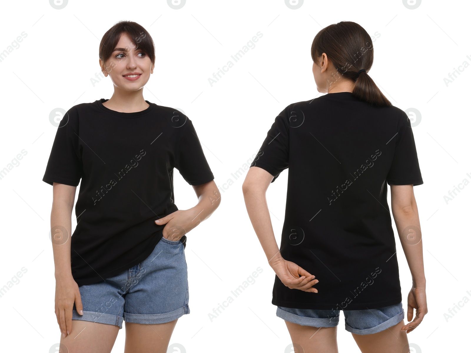 Woman in black t-shirt on white background. Back and front view. Mockup for design Image of Woman in black t-shirt on white background. Back and front view. Mockup for design