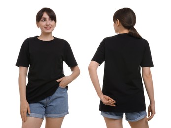 Image of Woman in black t-shirt on white background. Back and front view. Mockup for design