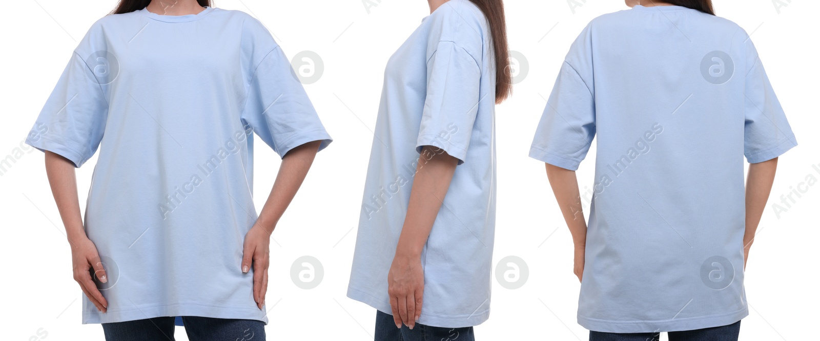Woman in light blue t-shirt on white background, closeup. Back, side and front view. Mockup for design Image of Woman in light blue t-shirt on white background, closeup. Back, side and front view. Mockup for design