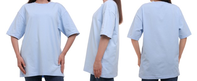 Image of Woman in light blue t-shirt on white background, closeup. Back, side and front view. Mockup for design