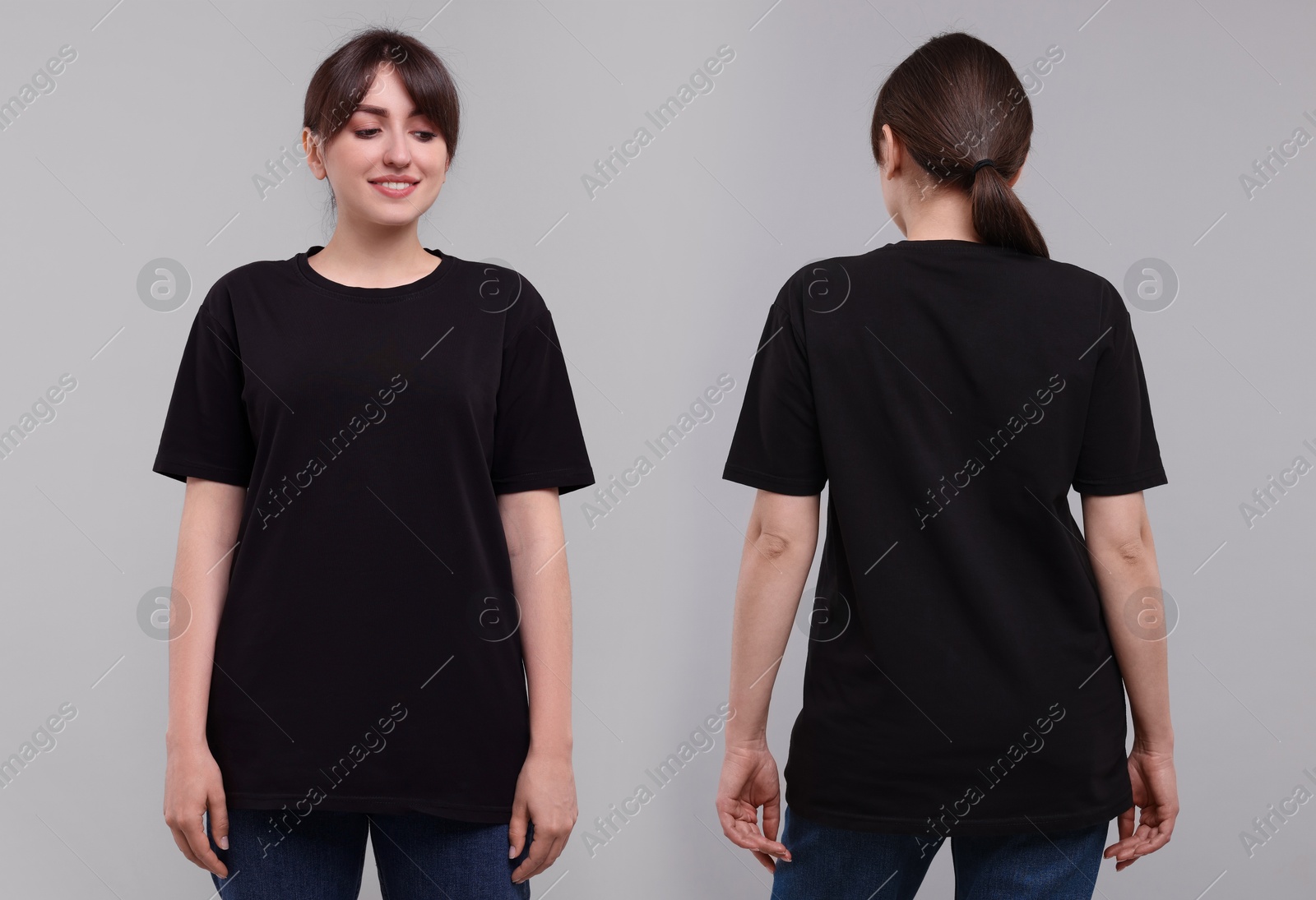 Woman in black t-shirt on grey background. Back and front view. Mockup for design Image of Woman in black t-shirt on grey background. Back and front view. Mockup for design