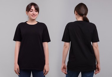 Image of Woman in black t-shirt on grey background. Back and front view. Mockup for design