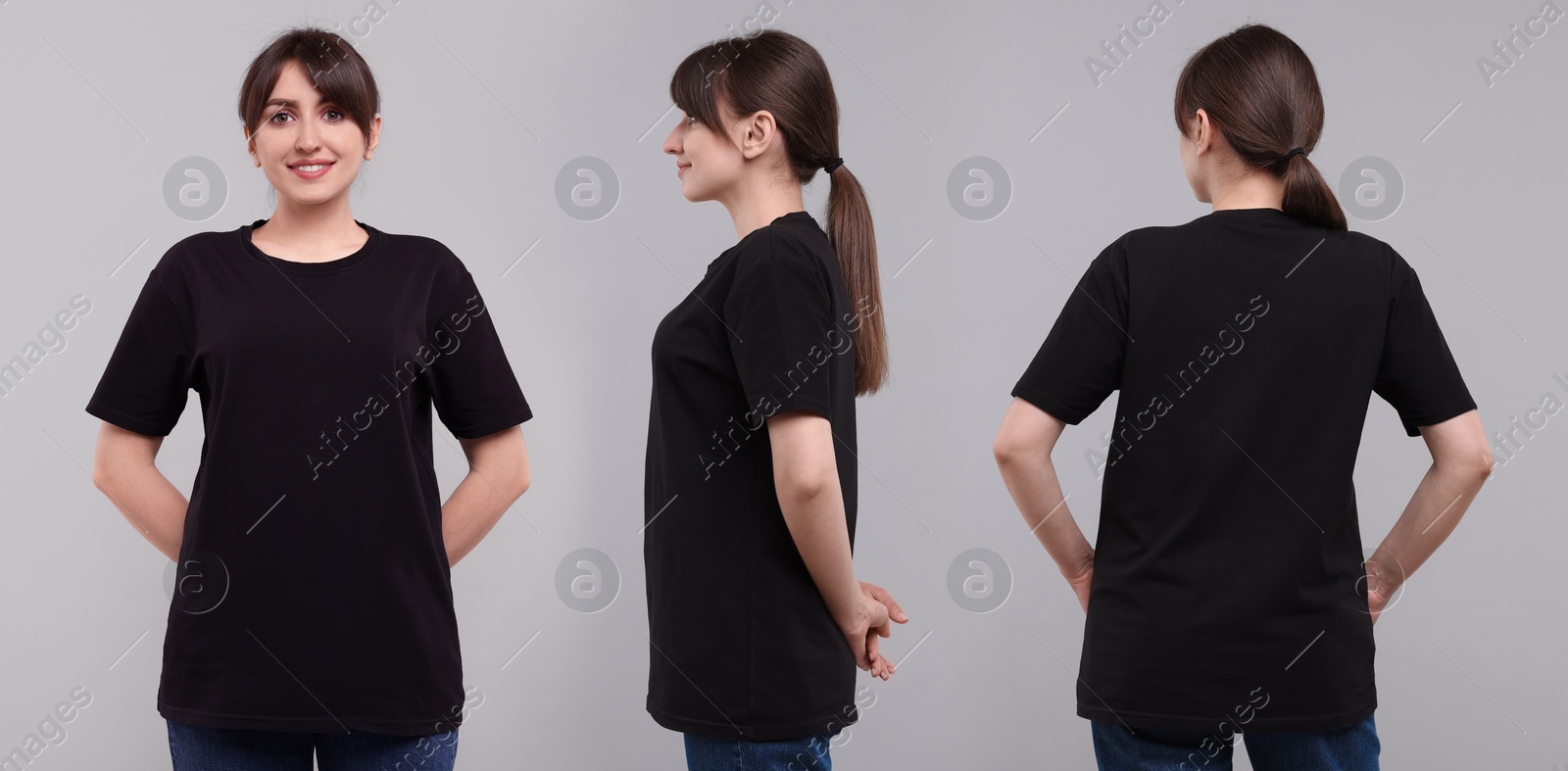 Image of Woman in black t-shirt on grey background. Back, side and front view. Mockup for design