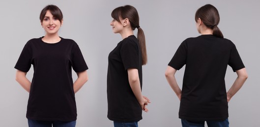 Image of Woman in black t-shirt on grey background. Back, side and front view. Mockup for design