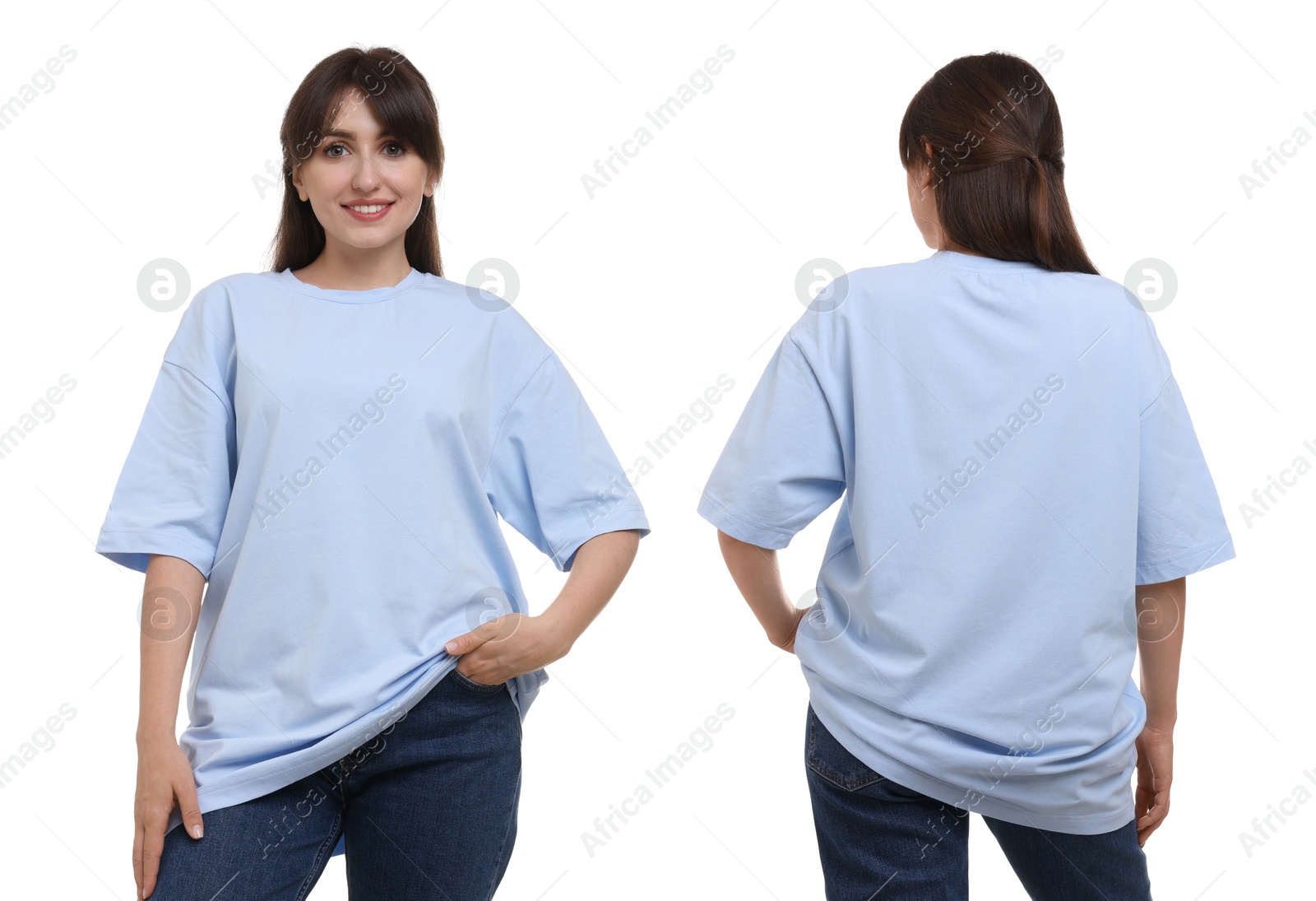 Woman in light blue t-shirt on white background. Back and front view. Mockup for design Image of Woman in light blue t-shirt on white background. Back and front view. Mockup for design
