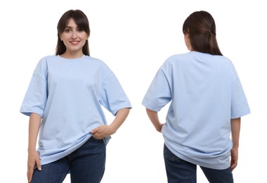 Image of Woman in light blue t-shirt on white background. Back and front view. Mockup for design