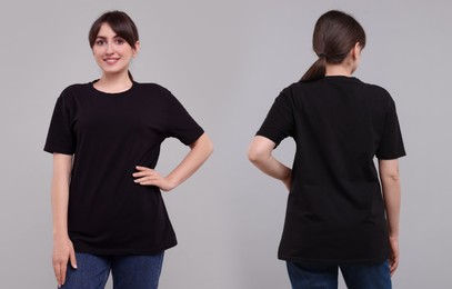 Image of Woman in black t-shirt on grey background. Back and front view. Mockup for design