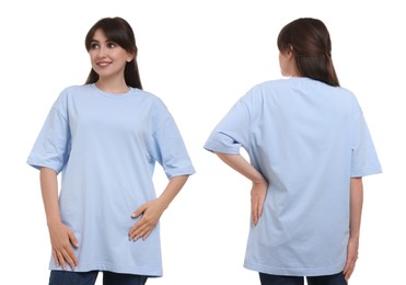 Image of Woman in light blue t-shirt on white background. Back and front view. Mockup for design