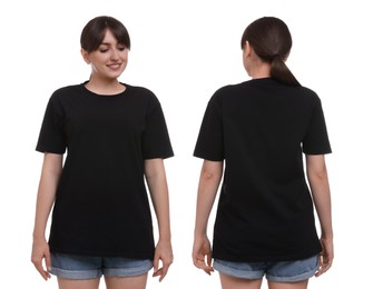 Image of Woman in black t-shirt on white background. Back and front view. Mockup for design