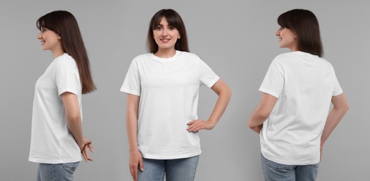 Image of Woman in white t-shirt on grey background. Back, side and front view. Mockup for design