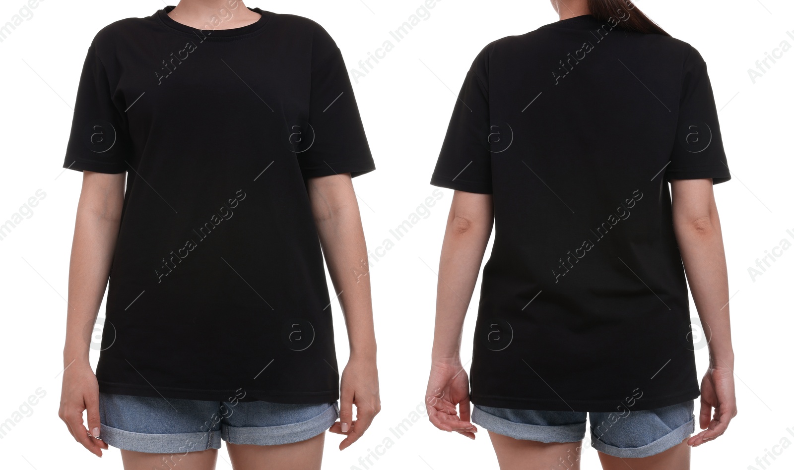 Woman in black t-shirt on white background, closeup. Back and front view. Mockup for design Image of Woman in black t-shirt on white background, closeup. Back and front view. Mockup for design