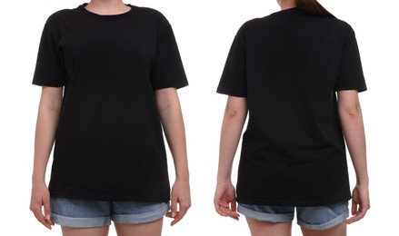 Image of Woman in black t-shirt on white background, closeup. Back and front view. Mockup for design