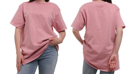 Image of Woman in pink t-shirt on white background, closeup. Back and front view. Mockup for design