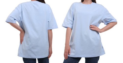 Image of Woman in light blue t-shirt on white background, closeup. Back and front view. Mockup for design