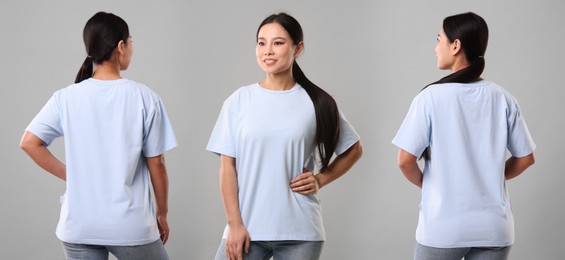 Image of Woman in light blue t-shirt on grey background. Back and front view. Mockup for design