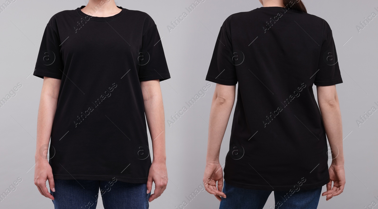 Woman in black t-shirt on grey background, closeup. Back and front view. Mockup for design Image of Woman in black t-shirt on grey background, closeup. Back and front view. Mockup for design