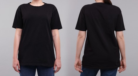 Image of Woman in black t-shirt on grey background, closeup. Back and front view. Mockup for design