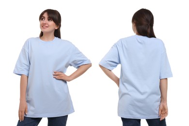 Image of Woman in light blue t-shirt on white background. Back and front view. Mockup for design