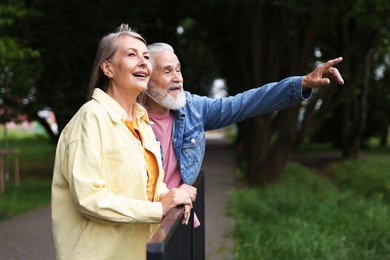 Photo of Lovely senior couple walking together in park