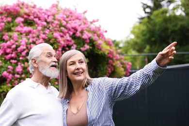 Photo of Lovely senior couple near bush of pink roses outdoors