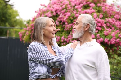 Photo of Lovely senior couple near bush of pink roses outdoors