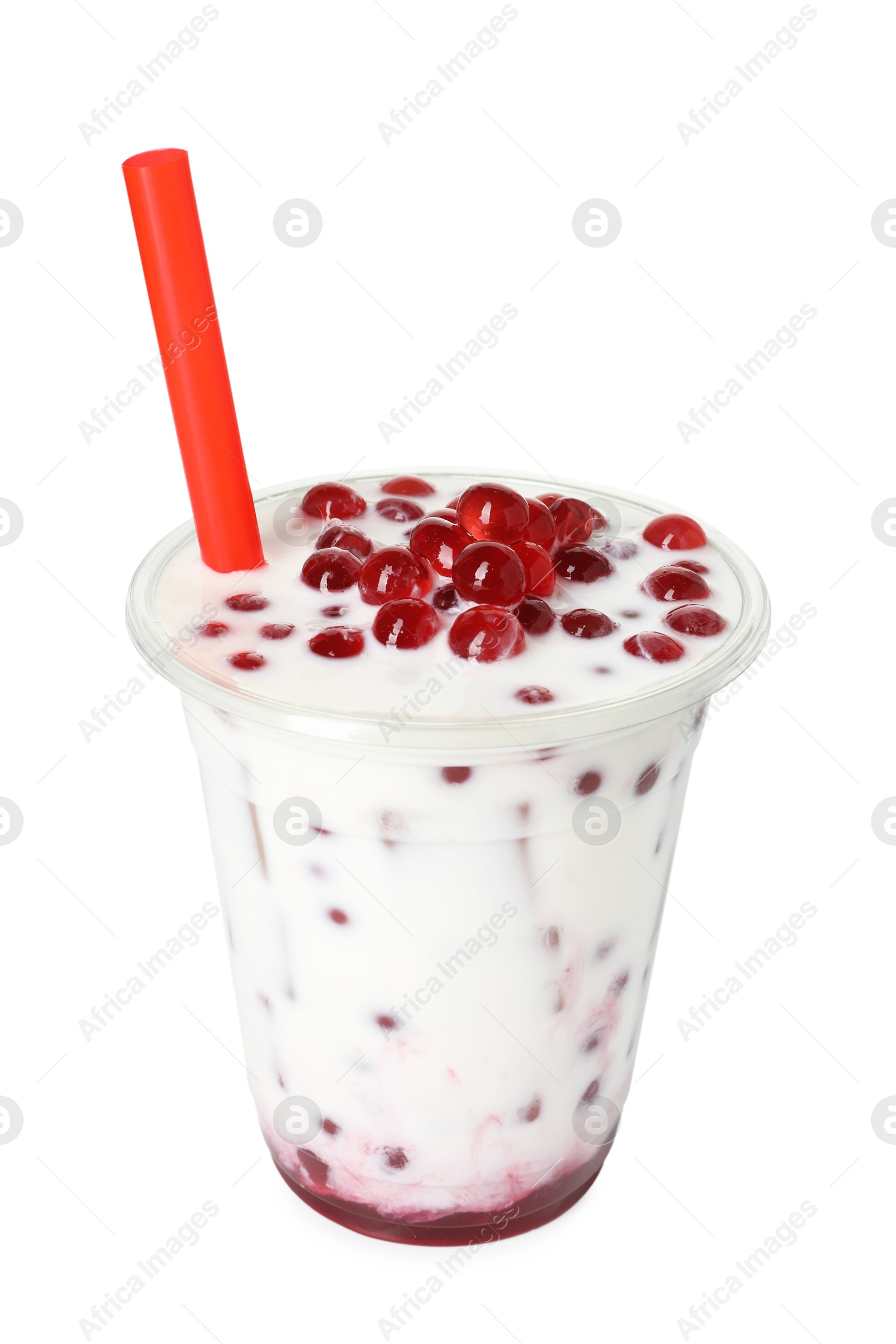 Tasty milk bubble tea in plastic cup isolated on white Photo of Tasty milk bubble tea in plastic cup isolated on white