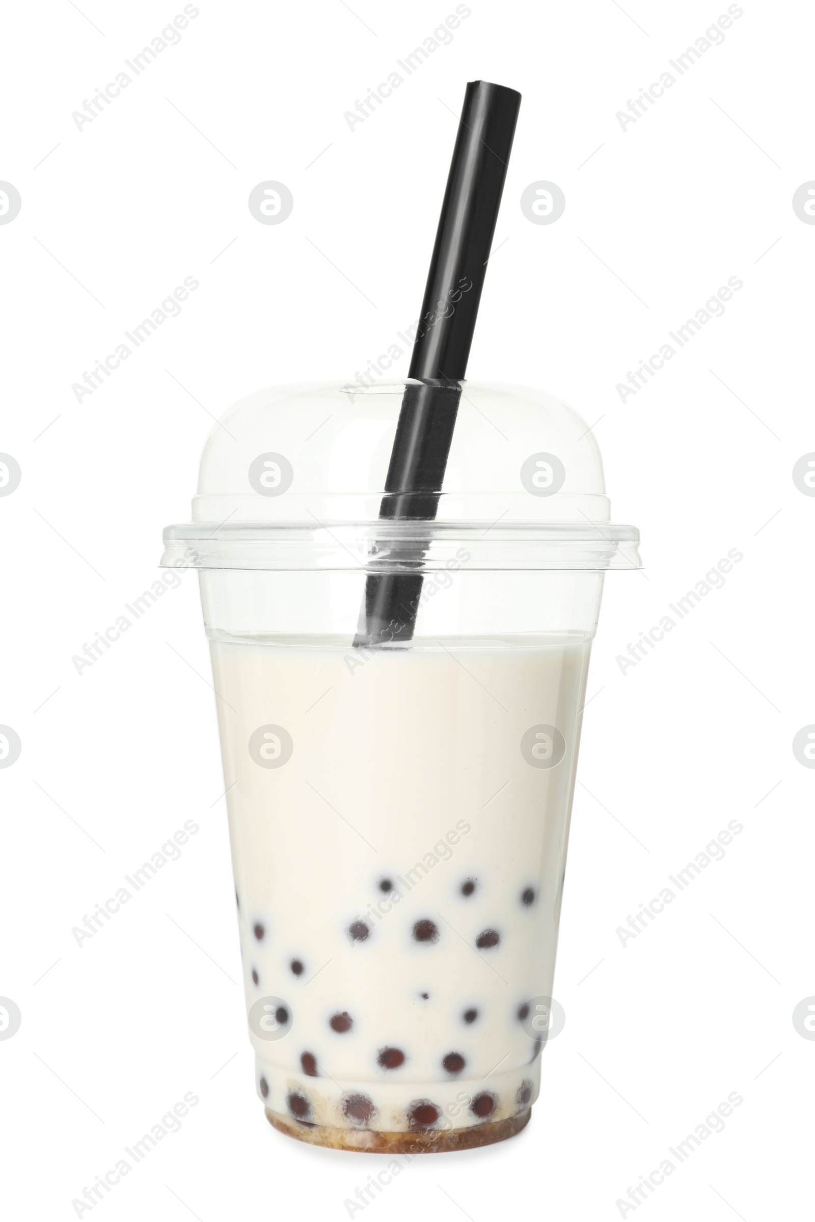 Tasty milk bubble tea in plastic cup isolated on white Photo of Tasty milk bubble tea in plastic cup isolated on white